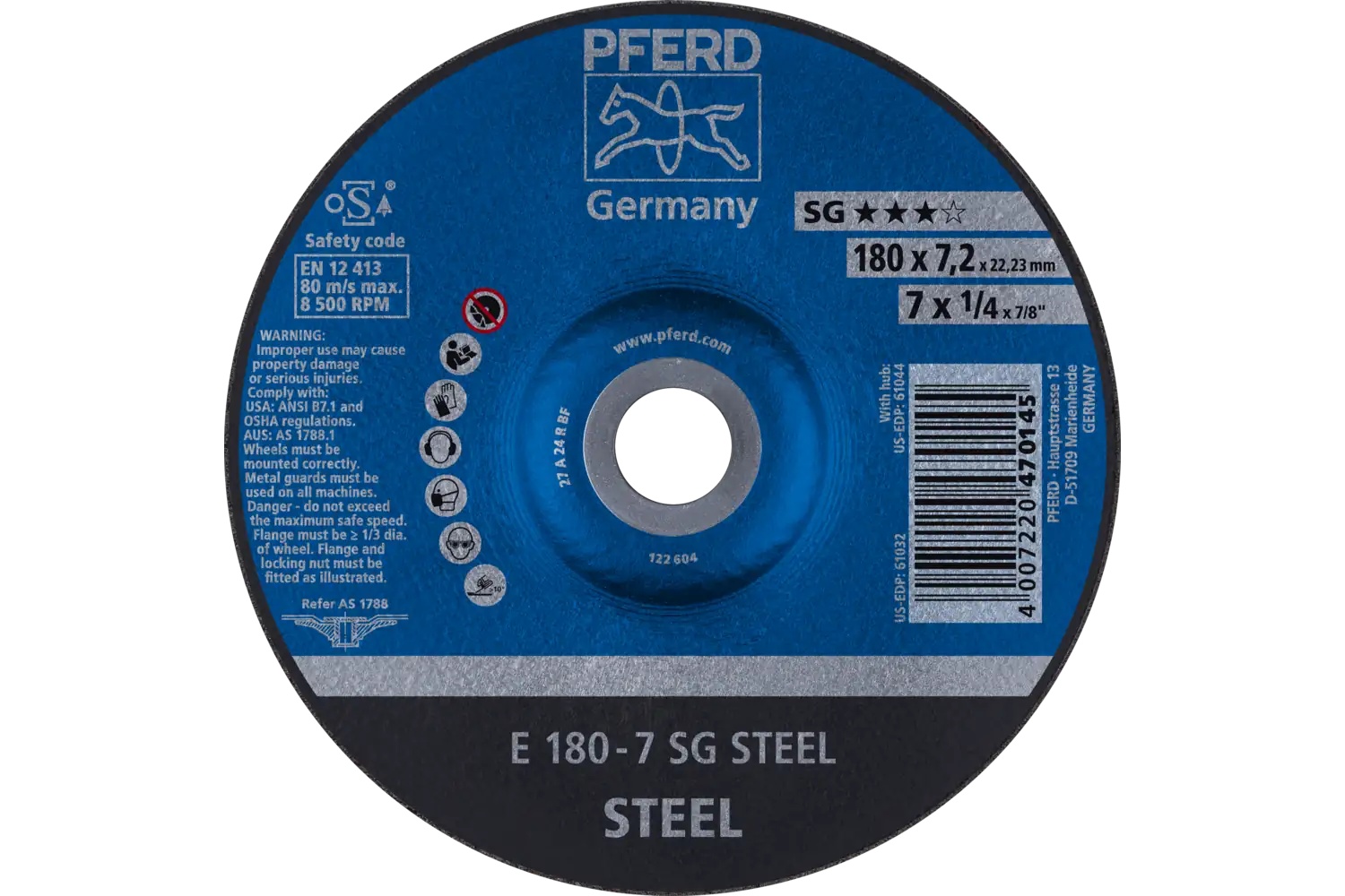 Picture of Pferd Grinding Wheel, 7" X 1/4 X 7/8, Sg Steel, T27, Aluminum Oxide